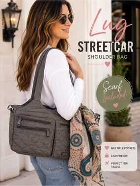 Lug Streetcar Gray Shoulder Bag Tote Handbag Organizer Pockets Quilted East West